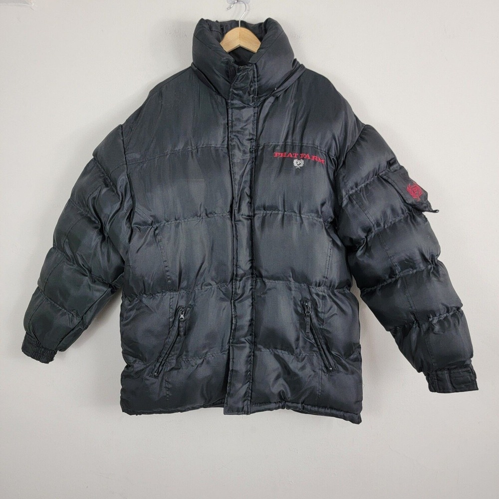 Phat Farm Puffer Jacket Coat Men Size L Black Full Zip Hooded Logo Long Sleeve‎